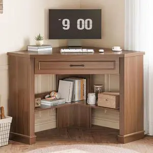 Corner Desk for Small Space, Corner Computer Desk, Small Computer Desk with Drawers and Storage Shelves for Home Office, Living Room, Bedroom, Brown Corner Desk for Small Space, Corner Computer Desk, Small Computer Desk with Drawers and Storage Shelves for Home Office, Living Room, Bedroom, Brown