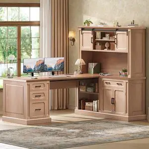 67" Farmhouse Desk with Hutch, L Shaped Office Desk with 4 Drawers & Storage Cabinet, Executive Corner Computer Desk with Sliding Doors, File Drawer & Power Outlet for Home Office, Oak 67" Farmhouse Desk with Hutch, L Shaped Office Desk with 4 Drawers & Storage Cabinet, Executive Corner Computer Desk with Sliding Doors, File Drawer & Power Outlet for Home Office, Oak