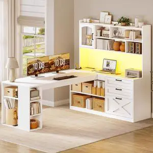 Farmhouse L Shaped Office Desk with Drawers, 61 Computer Desk with Storage Shelves and Power Outlet, Corner Gaming Desk with LED Light and Display Cabinet for Home Office (White) Farmhouse L Shaped Office Desk with Drawers, 61 Computer Desk with Storage Shelves and Power Outlet, Corner Gaming Desk with LED Light and Display Cabinet for Home Office (White)
