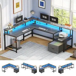 L Shaped Desk, 66" Home Office Desk with File Drawer & Power Outlet, Gaming Desk with Led Lights, Corner Computer Desk with Monitor Shelf, Printer Storage Shelves, Two Person Desk, Grey L Shaped Desk, 66" Home Office Desk with File Drawer & Power Outlet, Gaming Desk with Led Lights, Corner Computer Desk with Monitor Shelf, Printer Storage Shelves, Two Person Desk, Grey