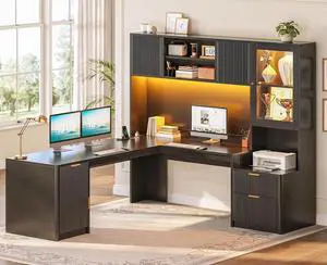 67" x 65" L Shaped Desk with Hutch, RGB LED Corner Computer Desk with Power Outlets, Fluted Home Office Desk with File Drawer, Storage & Glass Display Cabinets for Gaming & Working, Black 67" x 65" L Shaped Desk with Hutch, RGB LED Corner Computer Desk with Power Outlets, Fluted Home Office Desk with File Drawer, Storage & Glass Display Cabinets for Gaming & Working, Black