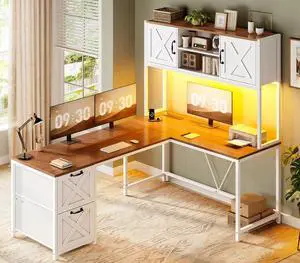 Farmhouse L Shaped Desk with Hutch, Reversible 86.6" Computer Desk with Drawers and Power Outlet for Home Office/Two Person, Corner Desk with LED Light and Storage Shelves, White and Brown Farmhouse L Shaped Desk with Hutch, Reversible 86.6" Computer Desk with Drawers and Power Outlet for Home Office/Two Person, Corner Desk with LED Light and Storage Shelves, White and Brown