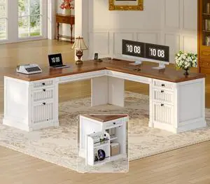L Shaped Desk with 4 Drawers, 67"x 67" Executive Home Office Desk with File Drawers & Storage Cabinet, Corner Computer Desk with Power Strip for Bedroom, Brown+White L Shaped Desk with 4 Drawers, 67"x 67" Executive Home Office Desk with File Drawers & Storage Cabinet, Corner Computer Desk with Power Strip for Bedroom, Brown+White