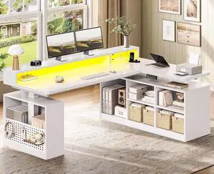 L Shaped Electric Standing Desk, 63 inch Height Adjustable Corner Computer Desk with Storage Shelves and LED Lights, Corner Gaming Desk with Power Outlet and Pegboard for Home Office, White L Shaped Electric Standing Desk, 63 inch Height Adjustable Corner Computer Desk with Storage Shelves and LED Lights, Corner Gaming Desk with Power Outlet and Pegboard for Home Office, White