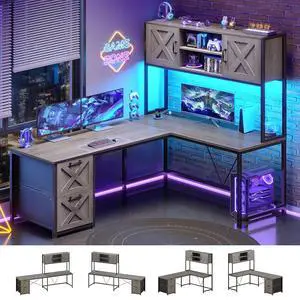 L Shaped Gaming Desk, Reversible 86.6" Computer Desk with Fabric Drawers and Power Outlet, Gaming Desk with Led Lights, Hutch and Storage for Home Office, Light Gray L Shaped Gaming Desk, Reversible 86.6" Computer Desk with Fabric Drawers and Power Outlet, Gaming Desk with Led Lights, Hutch and Storage for Home Office, Light Gray