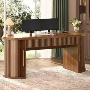 Office Desk with 2 Drawers, 58.3" x 21.7" Fluted Long Computer Desk with 2 Sliding Doors Storage and Power Strip, Wood Executive Desk for Home Office, Living Room, Bedroom, Brown Office Desk with 2 Drawers, 58.3" x 21.7" Fluted Long Computer Desk with 2 Sliding Doors Storage and Power Strip, Wood Executive Desk for Home Office, Living Room, Bedroom, Brown