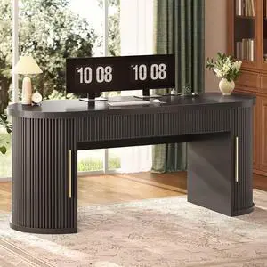 Office Desk with 2 Drawers, 58.3" x 21.7" Fluted Long Computer Desk with 2 Sliding Doors Storage and Power Strip, Wood Executive Desk for Home Office, Living Room, Bedroom, Black Office Desk with 2 Drawers, 58.3" x 21.7" Fluted Long Computer Desk with 2 Sliding Doors Storage and Power Strip, Wood Executive Desk for Home Office, Living Room, Bedroom, Black