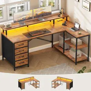 L Shaped Desk with 4 Drawers and Storage Shelves, L Shaped Gaming Desk with LED Lights & Power Outlets, Computer Desk with Shelves & Drawer, Corner Desk Home Office Desk, Rustic Brown L Shaped Desk with 4 Drawers and Storage Shelves, L Shaped Gaming Desk with LED Lights & Power Outlets, Computer Desk with Shelves & Drawer, Corner Desk Home Office Desk, Rustic Brown