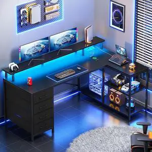 L Shaped Desk with 4 Drawers and Storage Shelves, L Shaped Gaming Desk with LED Lights & Power Outlets, Computer Desk with Shelves & Drawer, Corner Desk Home Office Desk, Black L Shaped Desk with 4 Drawers and Storage Shelves, L Shaped Gaming Desk with LED Lights & Power Outlets, Computer Desk with Shelves & Drawer, Corner Desk Home Office Desk, Black