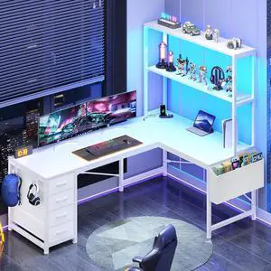 L Shaped Gaming Desk, 51.2" Reversible Small Corner Desk with 4 Drawer, Power Outlet & LED Lights, Home Office Desk with Storage Shelves for Small Space, White L Shaped Gaming Desk, 51.2" Reversible Small Corner Desk with 4 Drawer, Power Outlet & LED Lights, Home Office Desk with Storage Shelves for Small Space, White