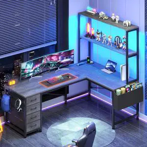 L Shaped Gaming Desk, 51.2" Reversible Small Corner Desk with 4 Drawer, Power Outlet & LED Lights, Home Office Desk with Storage Shelves for Small Space, Gray L Shaped Gaming Desk, 51.2" Reversible Small Corner Desk with 4 Drawer, Power Outlet & LED Lights, Home Office Desk with Storage Shelves for Small Space, Gray