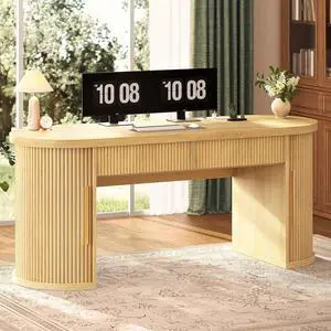 Office Desk with 2 Drawers, 58.3" x 21.7" Fluted Computer Desk with 2 Sliding Doors Storage and Power Strip, Wood Executive Desk for Home Office, Light Oak Office Desk with 2 Drawers, 58.3" x 21.7" Fluted Computer Desk with 2 Sliding Doors Storage and Power Strip, Wood Executive Desk for Home Office, Light Oak