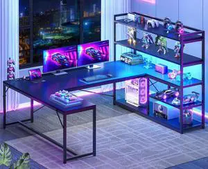 L Shaped Gaming Desk, 63'' Reversible Computer Desk with Power Outlet and Storage Shelves, Corner Gaming Desk with LED Lights, Bookshelf for Home Office, Black L Shaped Gaming Desk, 63'' Reversible Computer Desk with Power Outlet and Storage Shelves, Corner Gaming Desk with LED Lights, Bookshelf for Home Office, Black
