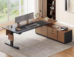 Executive L Shaped Electric Standing Desk, 71" Height Adjustable Executive Desk with 3 Drawers and Cabinet, Sit Stand Up Home Office Desk with Power Outlets & Side Hook, Brown Executive L Shaped Electric Standing Desk, 71" Height Adjustable Executive Desk with 3 Drawers and Cabinet, Sit Stand Up Home Office Desk with Power Outlets & Side Hook, Brown