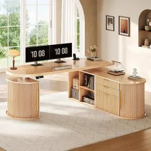 57" L Shaped Standing Desk with Storage, Electric Height Adjustable Curved Executive Desk, Fluted Desk with Drawers & Power Strip for Home Office, Light Oak 57" L Shaped Standing Desk with Storage, Electric Height Adjustable Curved Executive Desk, Fluted Desk with Drawers & Power Strip for Home Office, Light Oak