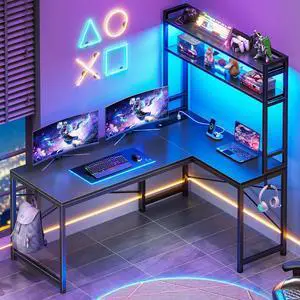 L Shaped Gaming Desk, Reversible 45.3 Small Corner Desk with Power Outlet and LED Lights, Corner Gaming Desk with Storage Shelves, Hooks for Small Space, Black L Shaped Gaming Desk, Reversible 45.3 Small Corner Desk with Power Outlet and LED Lights, Corner Gaming Desk with Storage Shelves, Hooks for Small Space, Black