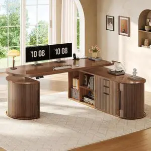 57" L Shaped Standing Desk with Storage, Electric Height Adjustable Curved Executive Desk, Fluted Desk with Drawers & Power Strip for Home Office, Brown 57" L Shaped Standing Desk with Storage, Electric Height Adjustable Curved Executive Desk, Fluted Desk with Drawers & Power Strip for Home Office, Brown