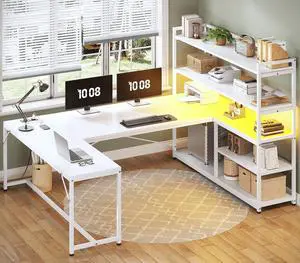 L Shaped Computer Desk, 63 Reversible Office Desk or Corner Desk with Storage Shelves, White Gaming Desk with LED Lights, Power Outlet L Shaped Computer Desk, 63 Reversible Office Desk or Corner Desk with Storage Shelves, White Gaming Desk with LED Lights, Power Outlet