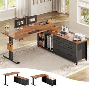 L Shaped Electric Standing Desk, 55" x 55" Height Adjustable Corner Office Desk with 6 Fabric Drawers and Storage Shelves, Stand up Home Office Desk with Power Outlet, Black and Brown L Shaped Electric Standing Desk, 55" x 55" Height Adjustable Corner Office Desk with 6 Fabric Drawers and Storage Shelves, Stand up Home Office Desk with Power Outlet, Black and Brown