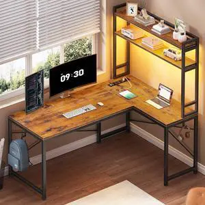 L Shaped Desk with Hutch, 45.3 Reversible Home Office Desk, L Shaped Gaming Desk with LED Lights, Power Outlet, Storage Shelves and Hooks for Small Space, Rustic Brown L Shaped Desk with Hutch, 45.3 Reversible Home Office Desk, L Shaped Gaming Desk with LED Lights, Power Outlet, Storage Shelves and Hooks for Small Space, Rustic Brown
