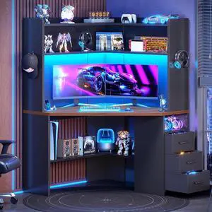 31.5" Corner Desk for Small Space, Corner Gaming Desk with 3 Drawers & LED Lights, Corner Desk with Hutch, Corner Computer Desk with Storage Shelves for Home Office, Black + Brown 31.5" Corner Desk for Small Space, Corner Gaming Desk with 3 Drawers & LED Lights, Corner Desk with Hutch, Corner Computer Desk with Storage Shelves for Home Office, Black + Brown