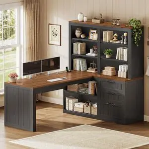 Farmhouse L Shaped Computer Desk, 59'' Wood Office Desk with 3 Drawers and 5-Tier Bookshelf, Corner Desk with Storage Shelves and Power Outlet for Home Office Small Space, Black + Brown Farmhouse L Shaped Computer Desk, 59'' Wood Office Desk with 3 Drawers and 5-Tier Bookshelf, Corner Desk with Storage Shelves and Power Outlet for Home Office Small Space, Black + Brown
