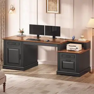 Farmhouse Executive Desk, 62'' Home Office Desk with File Drawers, 3Drawer and Storage Cabinet, Computer Desk with Power Outlet for Home Office, Work Study Writing, Black + Walnut Farmhouse Executive Desk, 62'' Home Office Desk with File Drawers, 3Drawer and Storage Cabinet, Computer Desk with Power Outlet for Home Office, Work Study Writing, Black + Walnut