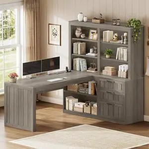 Farmhouse L Shaped Computer Desk, 59'' Wood Office Desk with 3 Drawers and 5-Tier Bookshelf, Corner Desk with Storage Shelves and Power Outlet for Home Office Small Space, Grey Farmhouse L Shaped Computer Desk, 59'' Wood Office Desk with 3 Drawers and 5-Tier Bookshelf, Corner Desk with Storage Shelves and Power Outlet for Home Office Small Space, Grey