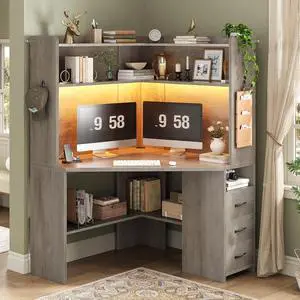 31.5" Small Corner Desk, Farmhouse Corner Desk with Hutch & 3 Drawers, Corner Desk for Small Space, Small Corner Computer Desk with Storage Shelves & LED Lights for Home Office, Grey 31.5" Small Corner Desk, Farmhouse Corner Desk with Hutch & 3 Drawers, Corner Desk for Small Space, Small Corner Computer Desk with Storage Shelves & LED Lights for Home Office, Grey