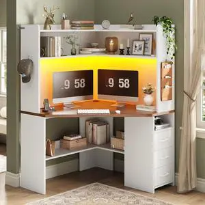 31.5" Corner Desk for Small Space, Farmhouse Small Corner Desk with Hutch & 3 Drawers, Corner Computer Desk with Storage Shelves & LED Lights for Home Office, White + Brown 31.5" Corner Desk for Small Space, Farmhouse Small Corner Desk with Hutch & 3 Drawers, Corner Computer Desk with Storage Shelves & LED Lights for Home Office, White + Brown