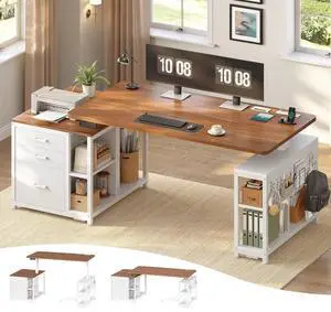 Electric Standing Desk with 3 Fabric Drawers, 61" Height Adjustable Office Executive Desk with Storage Drawers, Stand up Computer Desk with Power Outlet for Home Office, White and Brown Electric Standing Desk with 3 Fabric Drawers, 61" Height Adjustable Office Executive Desk with Storage Drawers, Stand up Computer Desk with Power Outlet for Home Office, White and Brown