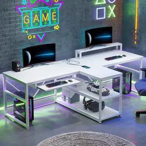 94.5" White Computer Desk, Two Person Gaming Desk with LED Light, Keyboard Tray, Power Strip with USB, Monitor Shelf & Storage, Extra Long Double Desk for Home Office, White 94.5" White Computer Desk, Two Person Gaming Desk with LED Light, Keyboard Tray, Power Strip with USB, Monitor Shelf & Storage, Extra Long Double Desk for Home Office, White
