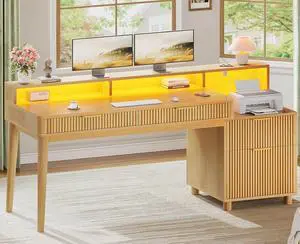 59" Computer Desk with 4 Storage Drawers, Fluted Wood Office Desk with File Drawer, LED Lights and Power Strip, Gaming Table Writing Desk for Home Office, Living Room, Bedroom, Oak 59" Computer Desk with 4 Storage Drawers, Fluted Wood Office Desk with File Drawer, LED Lights and Power Strip, Gaming Table Writing Desk for Home Office, Living Room, Bedroom, Oak