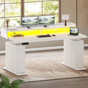 Standing Desk with Storage, 55" Fluted Stand Up Desk with Power Outlets & LED Lights, Height Adjustable Table with Monitor Shelf for Home Office, Gaming, White Standing Desk with Storage, 55" Fluted Stand Up Desk with Power Outlets & LED Lights, Height Adjustable Table with Monitor Shelf for Home Office, Gaming, White