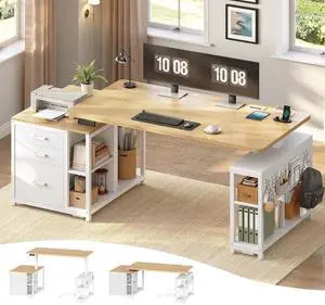 61" Electric Standing Desk with Storage Drawers, Height Adjustable Office Executive Desk with File Drawer, Stand up Computer Desk with Power Outlet for Home Office, Oak 61" Electric Standing Desk with Storage Drawers, Height Adjustable Office Executive Desk with File Drawer, Stand up Computer Desk with Power Outlet for Home Office, Oak