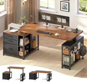 Electric Standing Desk with 3 Fabric Drawers, 61" Height Adjustable Office Executive Desk with Storage Drawers, Stand up Computer Desk with Power Outlet for Home Office (Black + Brown) Electric Standing Desk with 3 Fabric Drawers, 61" Height Adjustable Office Executive Desk with Storage Drawers, Stand up Computer Desk with Power Outlet for Home Office (Black + Brown)