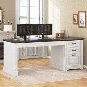 Office Desk with 3 Drawers, 55" Executive Computer Desk with Storage Drawers, Farmhouse Desk with Power Outlet for Home Office, White Office Desk with 3 Drawers, 55" Executive Computer Desk with Storage Drawers, Farmhouse Desk with Power Outlet for Home Office, White