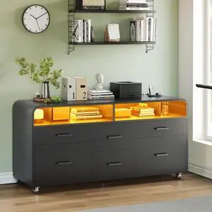 6 Drawer File Cabinet with Power Strip, 47" Wood Mobile Lateral Filing Cabinet fits Legal/Letter/A4 Size for Home Office, Printer Stand with Storage Shelf and Led Lights, Black 6 Drawer File Cabinet with Power Strip, 47" Wood Mobile Lateral Filing Cabinet fits Legal/Letter/A4 Size for Home Office, Printer Stand with Storage Shelf and Led Lights, Black