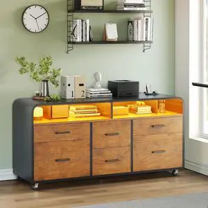 6 Drawer File Cabinet with Power Strip, 47" Wood Mobile Lateral Filing Cabinet fits Legal/Letter/A4 Size for Home Office, Printer Stand with Storage Shelf and Led Lights, Rustic Brown 6 Drawer File Cabinet with Power Strip, 47" Wood Mobile Lateral Filing Cabinet fits Legal/Letter/A4 Size for Home Office, Printer Stand with Storage Shelf and Led Lights, Rustic Brown