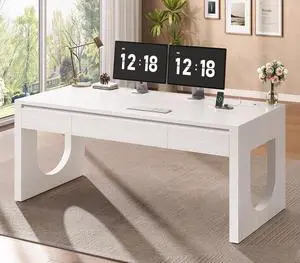 55" Office Desk with 3 Drawers, Modern Executive Desk with U-Shaped Legs, Wood Computer Desk with Power Outlet, Home Office Desks with Relief Texture, White 55" Office Desk with 3 Drawers, Modern Executive Desk with U-Shaped Legs, Wood Computer Desk with Power Outlet, Home Office Desks with Relief Texture, White
