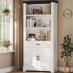 Farmhouse Bookshelves and Bookcases with Doors and Drawer, Bookshelf with Storage, Floor Standing 6 Shelf Display Storage Shelves 70 in Tall Bookshelf for Home Office, Living Room, White Farmhouse Bookshelves and Bookcases with Doors and Drawer, Bookshelf with Storage, Floor Standing 6 Shelf Display Storage Shelves 70 in Tall Bookshelf for Home Office, Living Room, White