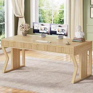 55" Executive Office Desk with 3 Drawers, Home Office Desk with Storage Drawers, Computer Writing Desk Study Table, Natural Oak 55" Executive Office Desk with 3 Drawers, Home Office Desk with Storage Drawers, Computer Writing Desk Study Table, Natural Oak