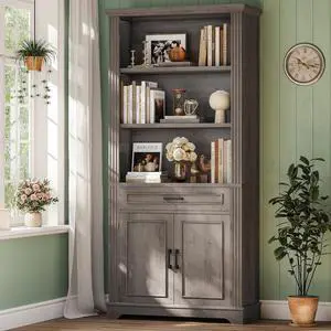 Farmhouse Bookshelves and Bookcases with Doors and Drawer, Bookshelf with Storage, Floor Standing 6 Shelf Display Storage Shelves 70 in Tall Bookshelf for Home Office, Living Room, Grey Farmhouse Bookshelves and Bookcases with Doors and Drawer, Bookshelf with Storage, Floor Standing 6 Shelf Display Storage Shelves 70 in Tall Bookshelf for Home Office, Living Room, Grey