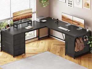 L Shaped Desk, 63'' Corner Desk with 5 Drawer & Power Outlet, Larger Home Office Desk or Gaming Desk, L Shaped Corner Desk with Monitor Shelf, Storage Cabinet, Black L Shaped Desk, 63'' Corner Desk with 5 Drawer & Power Outlet, Larger Home Office Desk or Gaming Desk, L Shaped Corner Desk with Monitor Shelf, Storage Cabinet, Black