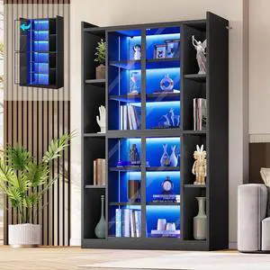 71" Display Cabinet with Acrylic Glass Doors, 6 Tier Display Cases for Collectibles, Curio Cabinet with LED Lights, Tall Bookcase with Adjustable Shelves, Black 71" Display Cabinet with Acrylic Glass Doors, 6 Tier Display Cases for Collectibles, Curio Cabinet with LED Lights, Tall Bookcase with Adjustable Shelves, Black