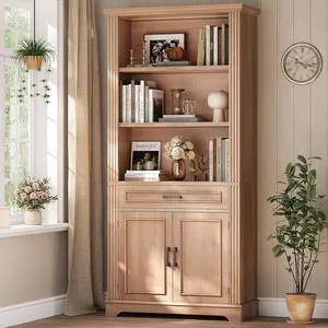 Farmhouse Bookshelves and Bookcases with Doors and Drawer, Bookshelf with Storage, Floor Standing 6 Shelf Display Storage Shelves 70 in Tall Bookshelf for Home Office, Living Room, Oak Farmhouse Bookshelves and Bookcases with Doors and Drawer, Bookshelf with Storage, Floor Standing 6 Shelf Display Storage Shelves 70 in Tall Bookshelf for Home Office, Living Room, Oak