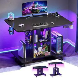 Small Standing Gaming Desk, 31.5" Rolling Computer PC Desk Height Adjustable with Power Outlet, Pegboard & Storage Shelves, RGB LED Light, for Small Spaces/Bedroom/Gaming, Carbon Fiber Black Small Standing Gaming Desk, 31.5" Rolling Computer PC Desk Height Adjustable with Power Outlet, Pegboard & Storage Shelves, RGB LED Light, for Small Spaces/Bedroom/Gaming, Carbon Fiber Black