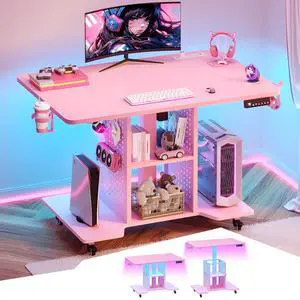 Small Standing Gaming Desk, 31.5" Rolling Computer PC Desk Electric Height Adjustable with Power Outlet, Pegboard & Storage Shelves, LED Light, for Small Spaces/Bedroom/Gaming/Girl Room, Pink Small Standing Gaming Desk, 31.5" Rolling Computer PC Desk Electric Height Adjustable with Power Outlet, Pegboard & Storage Shelves, LED Light, for Small Spaces/Bedroom/Gaming/Girl Room, Pink