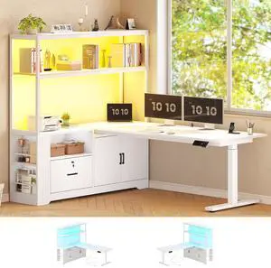 56.7" L Shaped Standing Desk, Reversible Computer Office Desk with Drawers & Hutch, Stand Up Corner Gaming Desks with LED Lights & Power Outlets for Home Office, White 56.7" L Shaped Standing Desk, Reversible Computer Office Desk with Drawers & Hutch, Stand Up Corner Gaming Desks with LED Lights & Power Outlets for Home Office, White