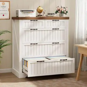 Farmhouse File Cabinet with 5 Drawers, Filing Cabinet for Home Office, Wood Office File Cabinets for Letter/Legal/A4 Size, File Cabinets with Printer Stand, White and Brown Farmhouse File Cabinet with 5 Drawers, Filing Cabinet for Home Office, Wood Office File Cabinets for Letter/Legal/A4 Size, File Cabinets with Printer Stand, White and Brown